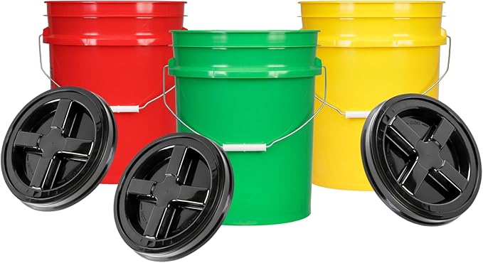 House Naturals 5 Gal Plastic Buckets Food Grade BPA Free Made in USA pails with Screw On Gasket Lids - Pack of 3 - Yellow Green Red