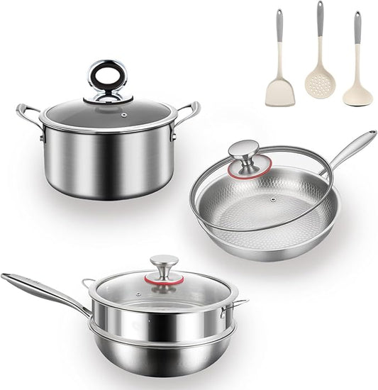 Titanium Hammered Pro Cookware 3 Piece Set, Pan & Soup Pot And Wok with Steamer, Nonstick No-Coat Technology, Ultra-Durable, Even Heating Frying Pans, Compatible with All Cooktops,3 piece set