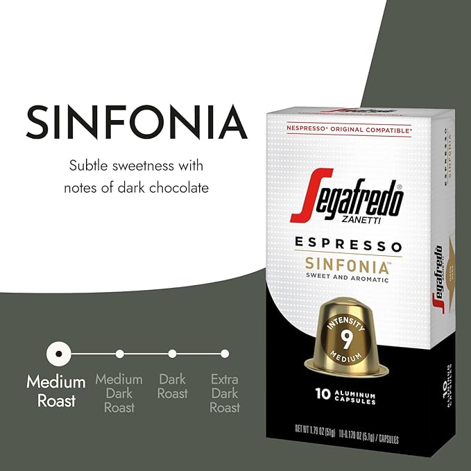 Segafredo Zanetti Espresso Capsules ??Aluminum Pods for Nespresso Original Machines ??Medium Roast Premium Espresso with a Sweet Aroma ??Subtle, Intensity 9 ??Sinfonia, 10 Count (Pack of 4)