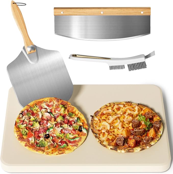 Gyreuni 4 PCS Rectangle Pizza Stone Set, 20" Large Pizza Stone for Oven and Grill with Pizza Peel, Pizza Cutter & Brush, Baking Stone for Pizza, Bread,BBQ