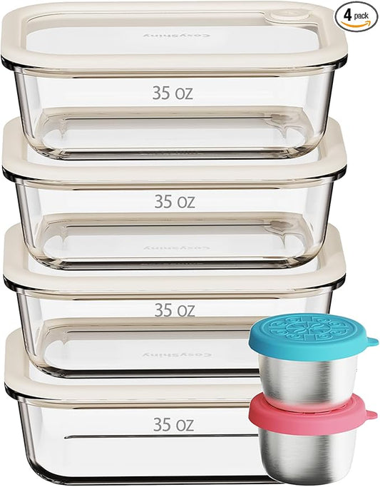 Glass Food Storage Containers with Silicone Glass Lids, 304 Stainless Steel Salad Dressing Containers, Microwave-safe LeakProof Food Containers Set, 100% Plastic Free-4-pack（White）