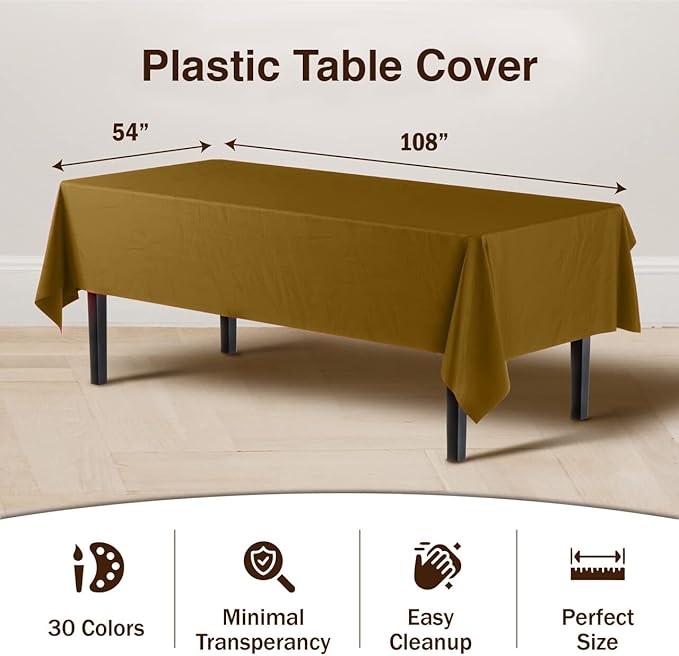 Party Solids 6-Pack Premium Plastic Tablecloth 54in. x 108in. Rectangle Plastic Table Cover - Gold