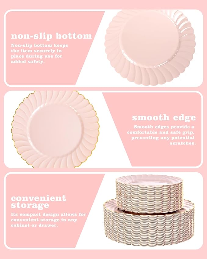 YOUBET 100PCS Pink Scalloped Plastic Plates - Heavy Duty Gold Disposable Fancy Hard Plates Include 50 Dinner Plate, 50 Dessert Plate, for Wedding & Party Valentines Day