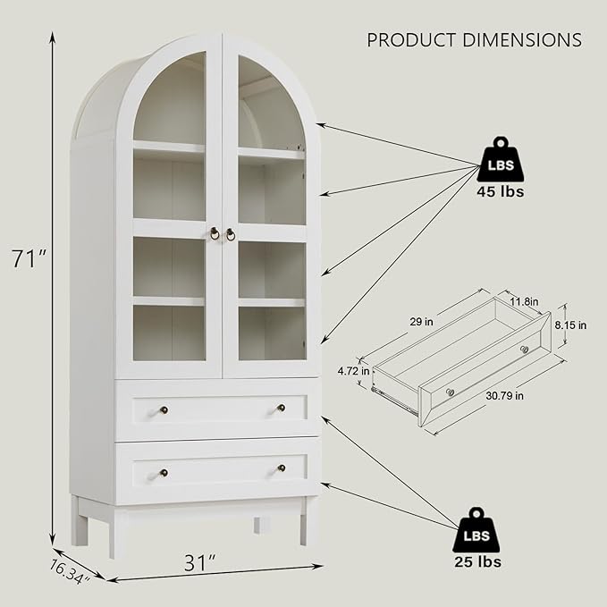 71" Tall Arched Kitchen Pantry Cabinet, Wood Kitchens Storage Cabinets with 2 Large Drawers and Adjustable Shelves, Modern Farmhouse Versatile Cupboard for Kitchen, Dining Room, Bathroom, White
