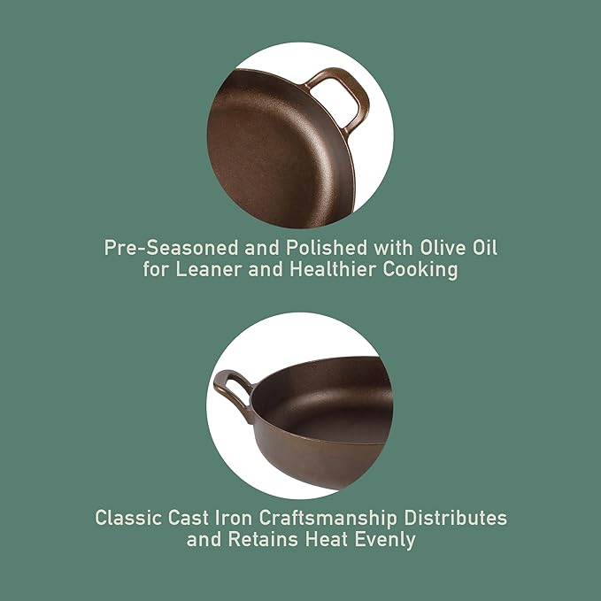 Bloomhouse - Two Time Oprah's Favorite Things Winner - Natural Bronze Finish 13" Round Cast Iron Everyday Pan ??Olive Oil Treated Surface w/Dual Handles Olive Wood Trivet Oven Stovetop Campfire Safe