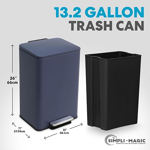 50 Liter / 13.2 Gallon Soft-Close, Smudge Resistant Trash Can with Foot Pedal and Built in Filter- Blue