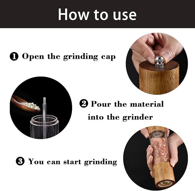 Advanced Acrylic Salt and Pepper Grinder, Wooden Pepper Grinder, Durable Ceramic Grinder with Adjustable Thickness for Grinding