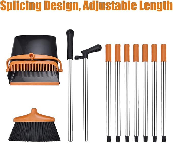 Broom and Dustpan Set with Long Handle and 6 Bonus Cleaning Tools, Upright Standing Combo with Self-Cleaning Teeth & Windproof Dustpan for Pet Hair, Home, Kitchen, Garage, Apartment