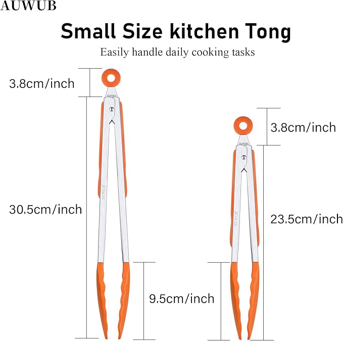 Salad Tongs, 7/9/12/16 Inch Silicone Food Tongs with 304 Stainless Steel Core, Easy-Grip, in Pistachio, Black, Blue, Orange, Red (Orang, 9+12inch)