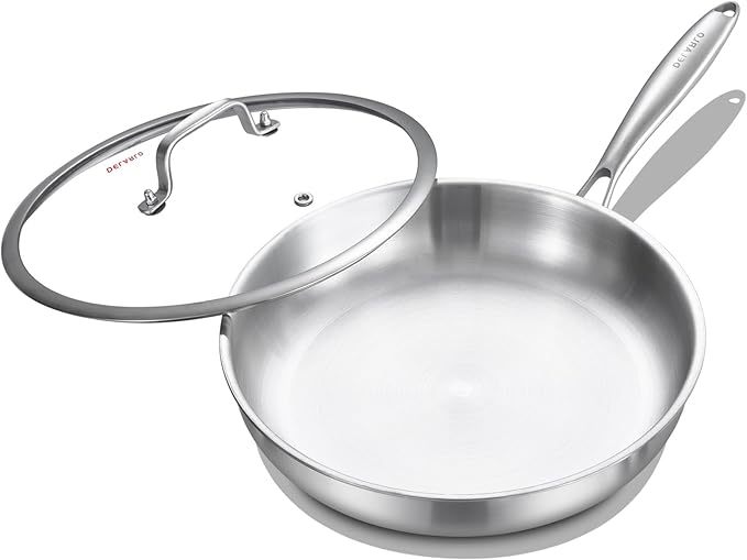 DELARLO Tri-Ply Stainless Steel 9.3 Inch Frying Pan with Lid, 18/10 Stainless Steel Skillet, Heavy Duty, Compatible for Induction, Ceramic, Electric, Gas Cooktops Up to 600?? Fast & Even Heat
