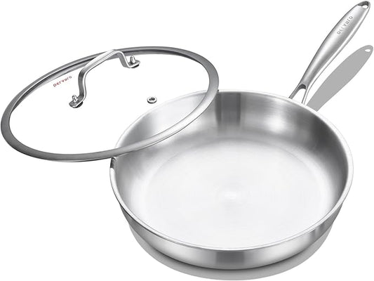 DELARLO Tri-Ply Stainless Steel 9.3 Inch Frying Pan with Lid, 18/10 Stainless Steel Skillet, Heavy Duty, Compatible for Induction, Ceramic, Electric, Gas Cooktops Up to 600?? Fast & Even Heat