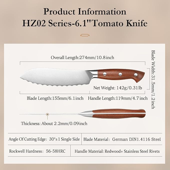 HEZHEN 6.1 inch Tomato Slicing Knife ??Germany 1.4116 Stainless Steel Serrated Blade,with Full Tang Handle