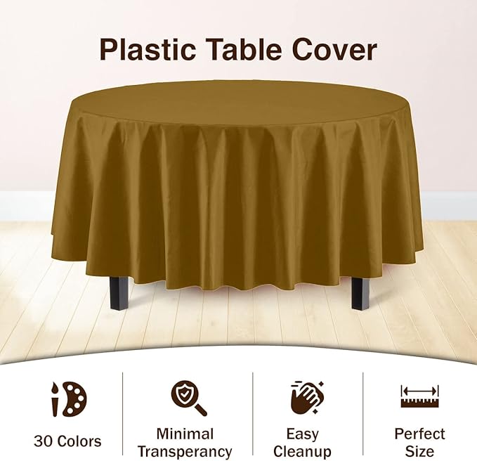 Party Solids 6-Pack Premium Plastic Tablecloth 84in. Round Plastic Table Cover - Gold