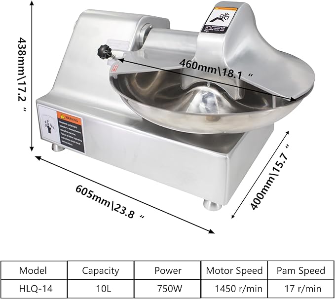CLIVIA Commercial Meat Bowl Cutter Mixer, 10L Multifunctional Electric Meat Mixer Food Chopper Processor Blender Buffalo Chopper for Vegetable Garlic 750W 1450 r/min