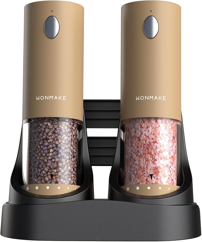 Electric Salt and Pepper Grinder Set - Automatic Refillable Salt and Pepper Grinders with Charging Base & LED Light, 6-Level Adjustable Coarseness with External Dial, Ideal Kitchen Gadget竊똁rown