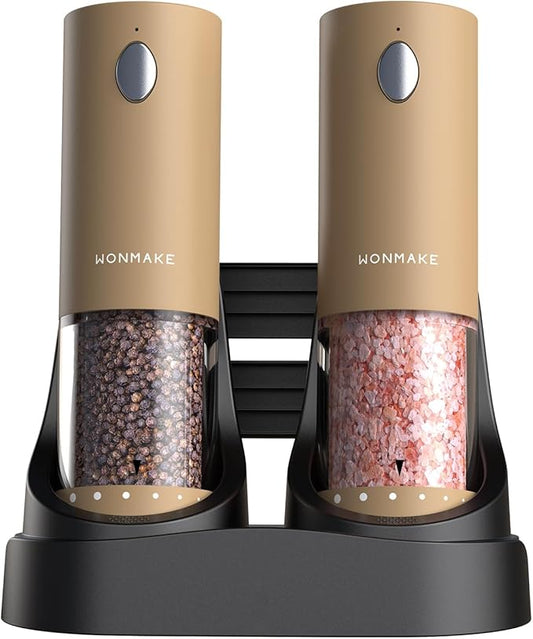 Electric Salt and Pepper Grinder Set - Automatic Refillable Salt and Pepper Grinders with Charging Base & LED Light, 6-Level Adjustable Coarseness with External Dial, Ideal Kitchen Gadget竊똁rown