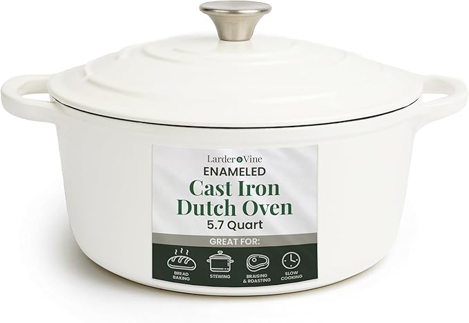 Larder & Vine Enameled Cast Iron 5.7qt Dutch Oven Pot with Lid | Bread Baking | Compatible on All Cooktops & Oven Safe to 500째 F | Great for Sourdough Bread | White