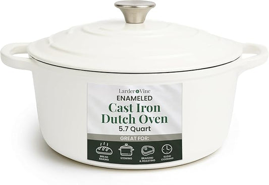 Larder & Vine Enameled Cast Iron 5.7qt Dutch Oven Pot with Lid | Bread Baking | Compatible on All Cooktops & Oven Safe to 500째 F | Great for Sourdough Bread | White