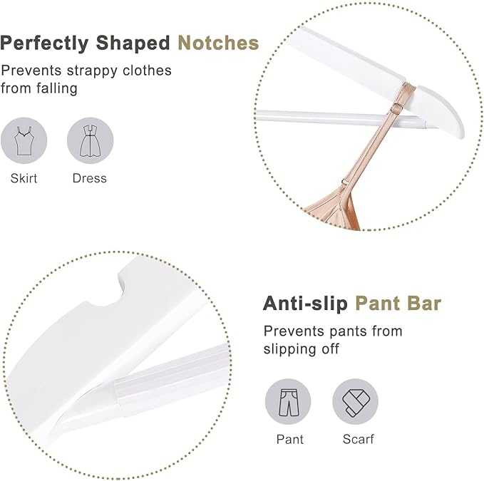 TOPIA HANGER Wooden Hangers 30 Pack, White Wood Coat Hanger with 360째 Swivel Gold Hook, Non Slip Pants Bar and Shoulder Notches for Camisole, Jacket, Pants, Smooth Finish Clothes Hangers -CT34WG30