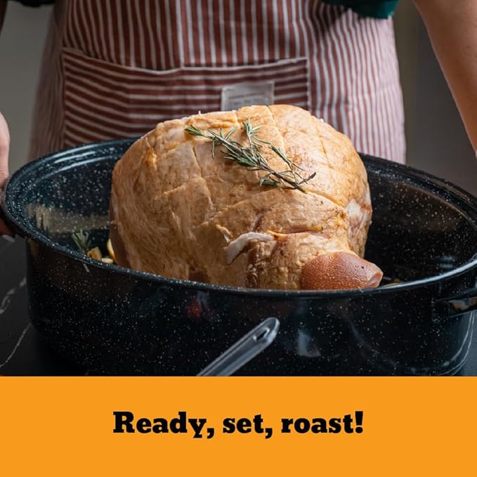 Granite Ware 19 inch oval roaster with Lid, Oval Rack included (Speckled Black) - design to accommodate up to 20 lb poultry/roast. Resists up to 932째F