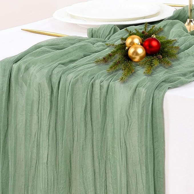 Socomi Sage Green Cheesecloth Table Runner Spring Easter Boho Rustic Farmhouse Gauze 120 inch 10FT Cheese Cloth Runner for Wedding Party Baby Shower Birthday Home Decor Holiday Decorations