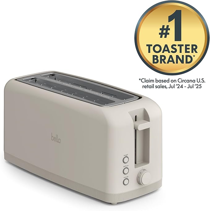 bella 4 Slice Slim Toaster, Fits-anywhere??Kitchenware, 6 Setting Shade Control with Reheat & Cancel Buttons, Fits Sourdough, 10??Long Slot, Anti Jam & Auto Shutoff, 900 Watt, Oatmilk