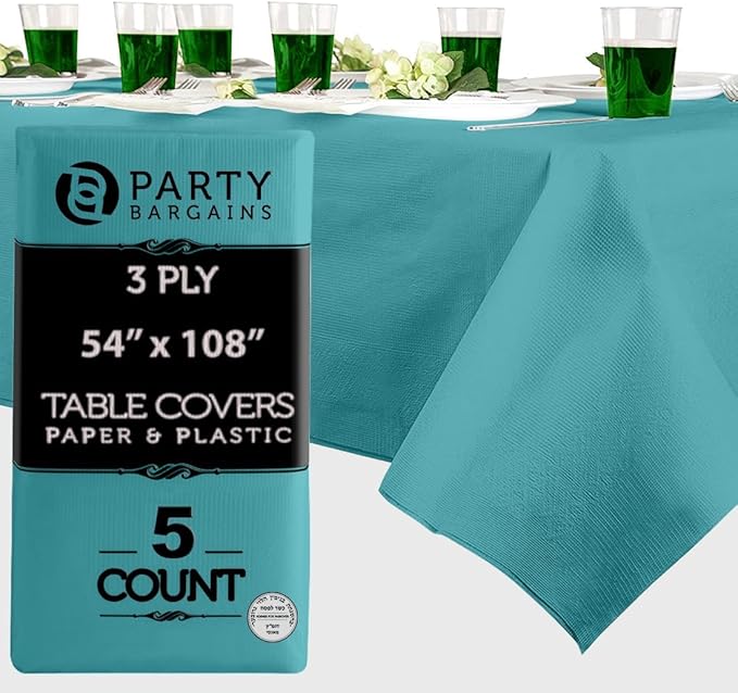 PARTY BARGAINS Disposable Table Covers, 54 x 108 Inch, Turquoise, 3-Ply Paper & Plastic Spill-Resistant Party Tablecloths, 5 Pack