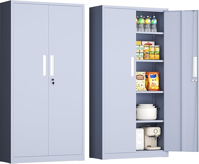INTERGRAET 63" Tall Pantry Cabinet,Kitchen Pantry Storage Cabinets with 2 Doors and 4 Shelves,Cement Gray Metal Storage Cabinet,Cupboard for Home,Kitchen,Living Room/Dining