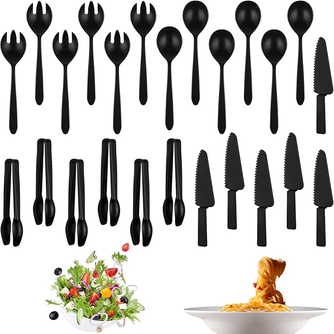 24 Pcs Disposable Plastic Serving Utensils Set 6 Each 9.7" Serving Spoons Forks 9.5" Knife and 6.3" Tongs for Christmas Family Gatherings Food Cake Birthday Party Buffet Cutlery(Black)