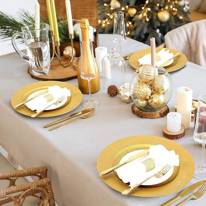 Tanlade 100 Pcs Charger Plates Bulk, 13 Inch Plastic Round Charger Dinner Plates Elegant Wedding Serving Plate for Event Tabletop Wedding Party Bridal Baby Shower Decor (Glitter Gold)
