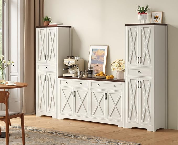 Lyromix 3 Pieces Sideboard and Pantry Set with Storage, Brown Farmhouse Wall Unit Entertainment Center, Large Kitchen Sideboard Buffet Pantry Cabinet with Drawers