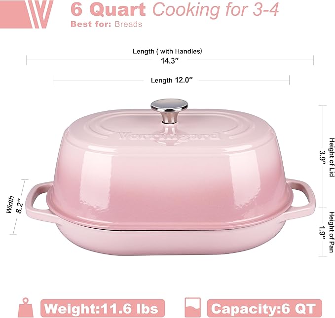 Enameled Cast Iron Dutch Oven Pot with Dome Lid, Oval Bread Oven for Homemade Sourdough Bread Baking, Oven Safe up to 500째F, 6 Quart, Pink