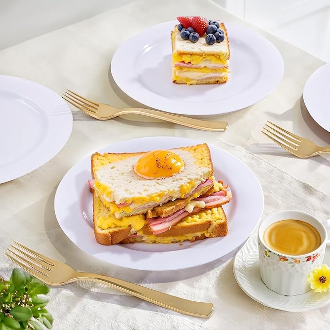 WELLIFE 100PCS White Plastic Dessert Plates and 100PCS Gold Disposable Forks, Premium Hard Dessert Plate 7.5?? Appetizer Plastic Plates for Party and Wedding