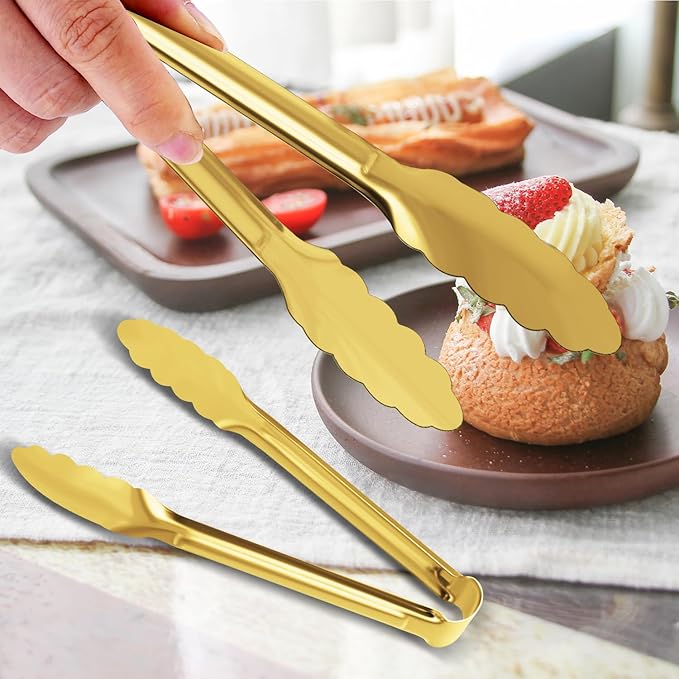 4 Pack Gold Serving Tongs XEVOM Buffet Tongs Serving Utensils Salad Tongs Stainless Steel Gold Plated Buffet Serving Tongs,9 Inch