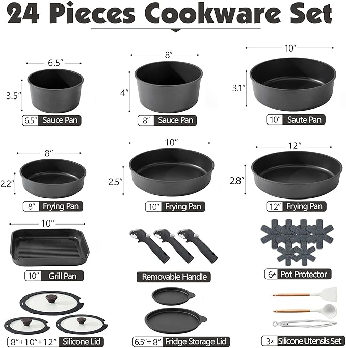 SENSARTE 24 Piece Pots and Pans Set, Nonstick Detachable Handle Cookware, Induction Kitchen Cookware Set with Removable Handle, Healthy Non Stick for RV, Dishwasher竊냀ven Safe (Black)