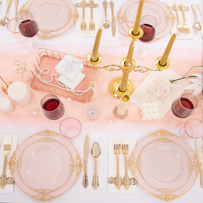 Morejoy 175pcs Pink Plastic Plates - Pink and Gold Disposable Plates sets, Include 25 Dinner Plates,25 Dessert Plates,25 Cutlery Sets,25 Napkins Perfect for Wedding & Party & Holiday & Christmas