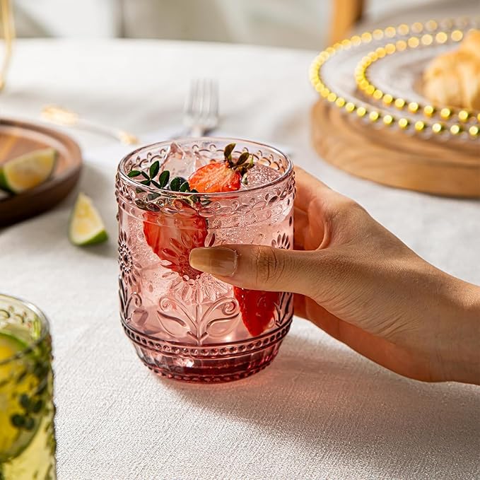 Luminthra Elegant Vintage Crystal Glassware Set, Embossed Floral Drinkware, 12oz Green and Multi-Color Glass Cups for Wine, Cocktails, and Beverages (Pink)