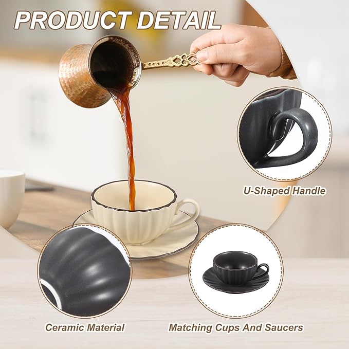 uxcell Handmade Vintage Espresso Cups, 8 oz Coffee Cups and Saucers Ceramic Tea Cup with Handle Dishwasher and Microwave Safe for Latte Cappuccino Milk Office Home Gifts, Gray Blue