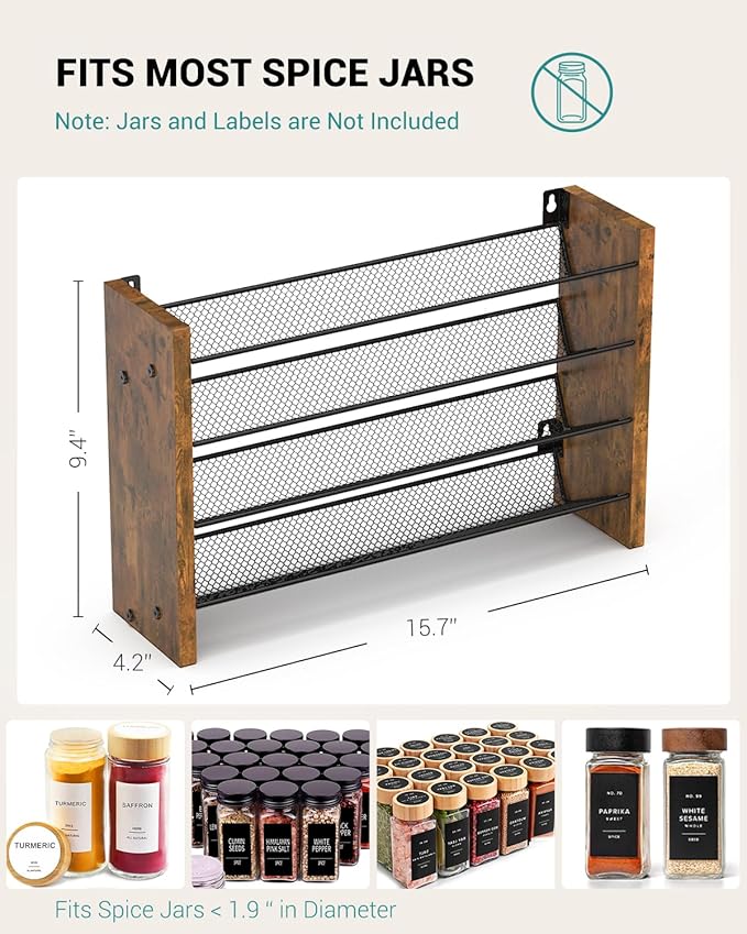 NESAPTO Spice Rack Organizer for Cabinet, Wooden 4 Tier Vertical Seasoning Organizers for Kitchen Pantry, Countertop/Wall Mount, Holds 32 Spice Jars (No Jars Included), 15.7" W 횞 9.4" H