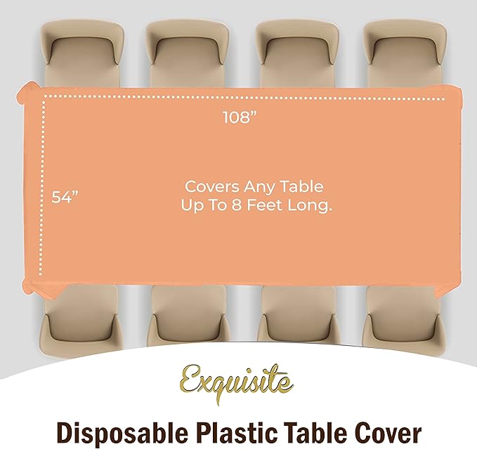 Party Solids Pack Of 6 Premium Plastic Tablecloth 54 Inch x 108 Inch Rectangle Plastic Table Cover - Peach