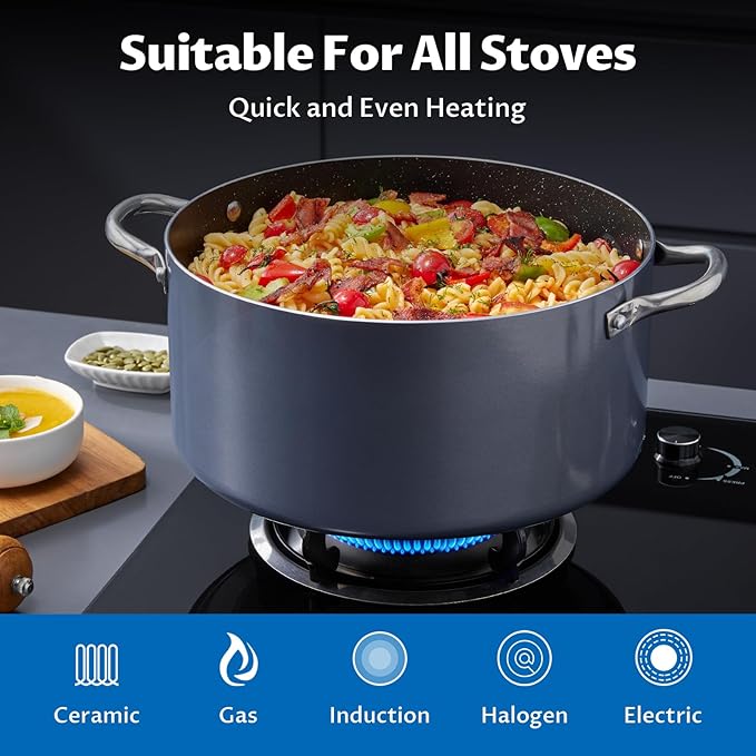 BEZIA 8 Quart Cooking Pot, Large Non Stick Induction Stock Pots with Lid, All Stove Compatible, 8 QT Aluminum Soup/Stew Pot For Families of 3??, Grey