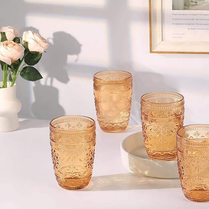 abrwyy Amber Glassware set of 6, Amber Drinking Glasses, Vintage Drinking Glasses, 14oz Colored Old Fashioned Glass Cups, Highball Glasses Set for Home Party Wedding