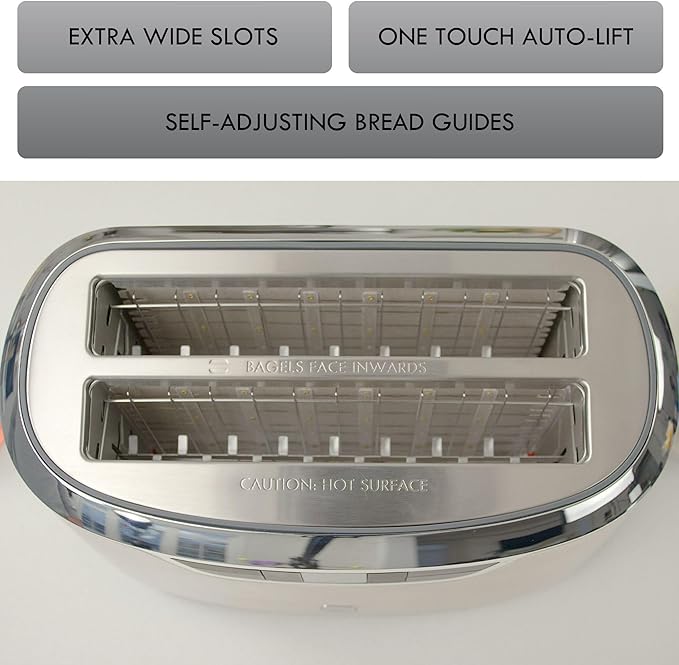 Kenmore Toaster 4 Slice - Extra Wide Slot Countertop Kitchen Appliance, Defrost Function, Grille-Pain, 9 Shade Settings, Easy Clean Crumb Tray, Bread Bagel, Stainless Steel & White (Silver)