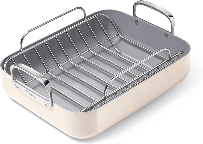 Caraway Roasting Pan - 16x13??Roasting Pan with Rack - Non-Stick Ceramic Coated - Non Toxic, PTFE & PFOA Free - Oven Safe & Compatible with All Stovetops - Cream