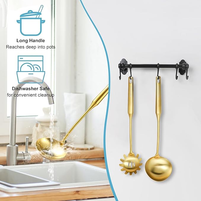 Gold Soup Ladle - Stainless Steel Ladle Spoon, 13.8"Large Soup Spoons [Integral Forming, Heat Resistance] Kitchen Metal Ladel for Cooking, Serving, Stirring, Canning竊똕auce, Wok & Soup, Christmas Gifts