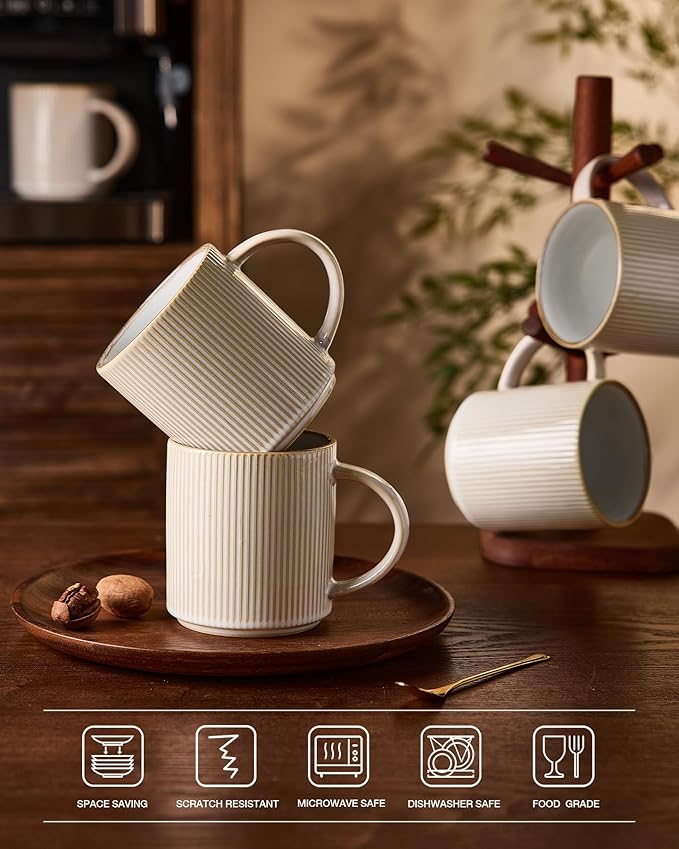 famiware Coffee Mug Set for 4, Star 16 oz Catering Mugs Cup Set with Handle for Coffee, Tea, Cocoa, Milk - Ceramic Stoneware Drinkware Set, Cappuccino White