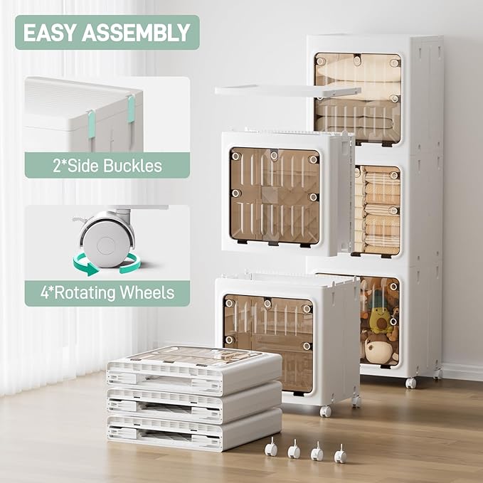 JEKO&JEKO Expanded Narrow Bathroom Storage Cabinet, 3-Tier Tall Cabinet Organizer with Wheels, Foldable Plastic Storage for Kitchen, Laundry Room or Home, White