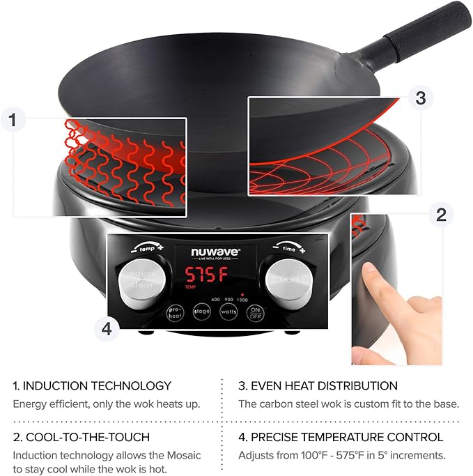Nuwave Mosaic Induction Wok, Temp Control 100째F-575째F in 5째F, Wok Hei, Infuse Charred Aroma & Flavor, 14-inch Carbon Steel Wok, 8pc Bamboo Accessories