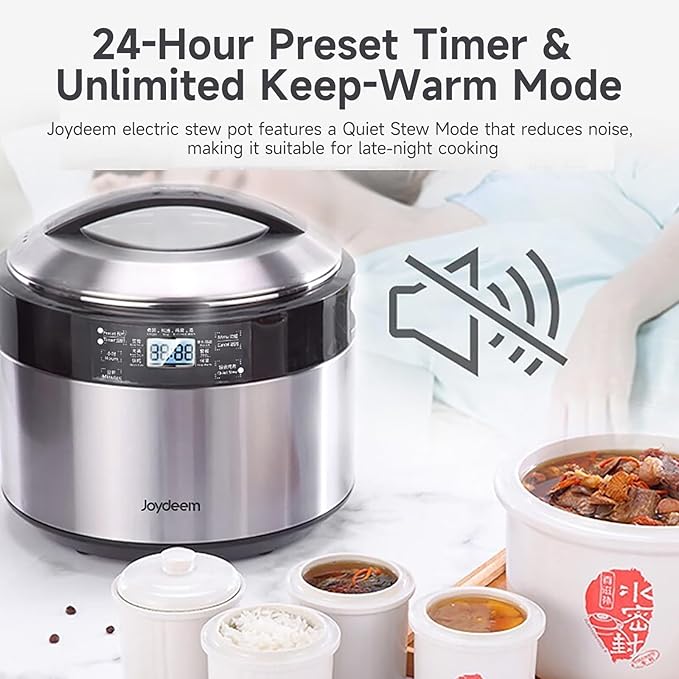 Joydeem Electric Stew Pot, 8.5Qt Stainless Steel Inner Pot with 5 Ceramic Liners (3.5L + 4 × 0.45L), Dual Cooking Modes, Brushed Stainless-Steel Exterior, For Soup, Congee & Bird?™s Nest, DDG-B350