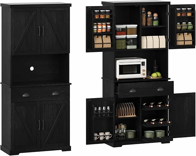 ChooChoo 72" Pantry Cabinet with Storage Drawers, Farmhouse Kitchen Hutch Bar Cabinet with Microwave Stand, Kitchen Cupboard with Door Shelves for Dining Room, Living Room, Black